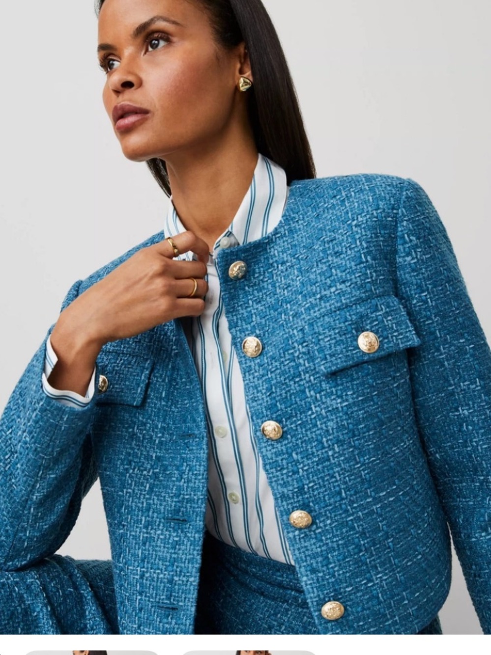 Ann Taylor Balmy Blue Tweed Crew Neck Jacket Gold Buttons Classic Size 4